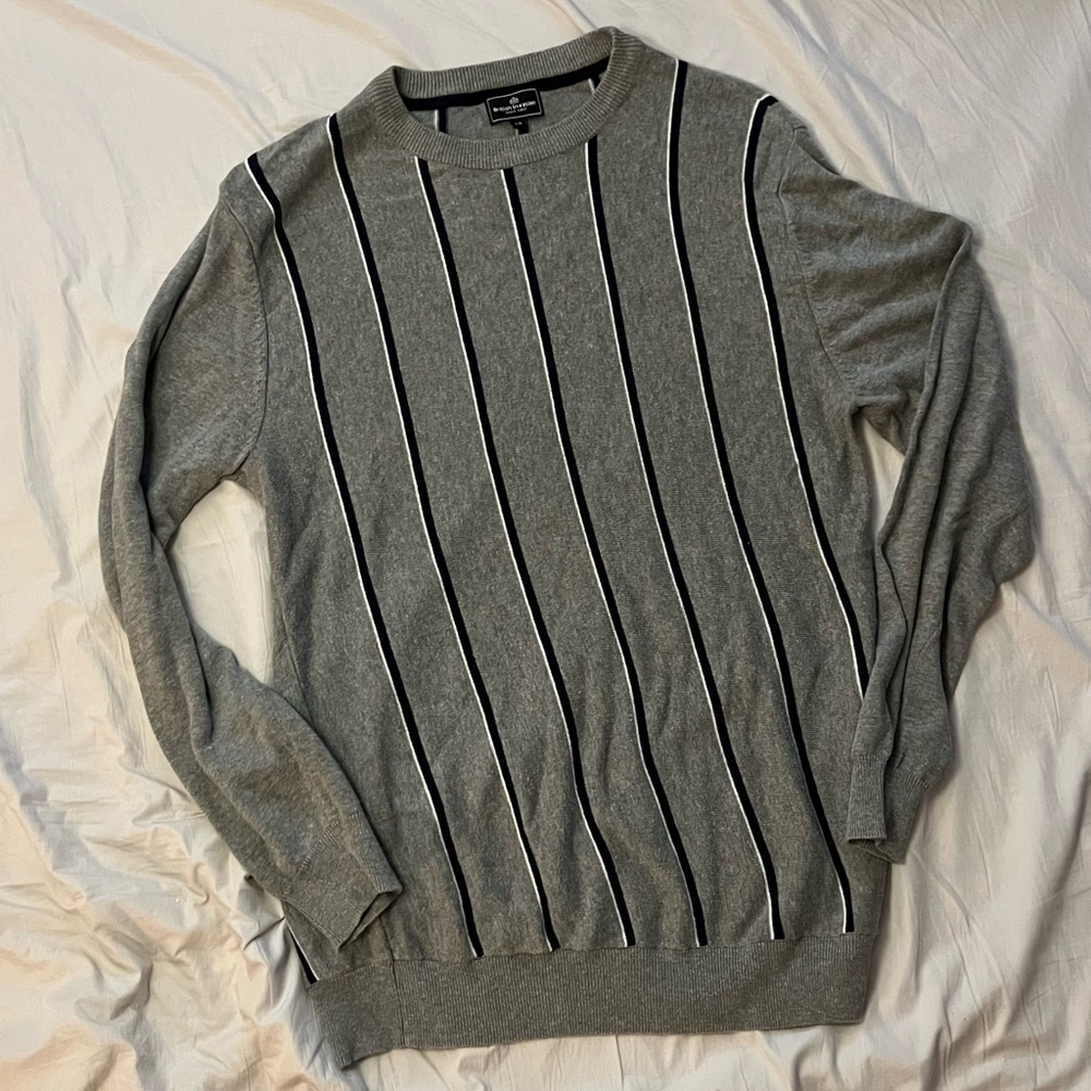 British Invasion Gray Striped Crew Neck Sweater